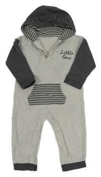 Šedo-tmavošedá melírovaná tepláková kombinéza s nápisy a kapsou a kapucí Tu