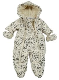 Smetanovo-tmavošedá vzorovaná prošívaná šusťáková zimní kombinéza s kapucí + rukavice Next