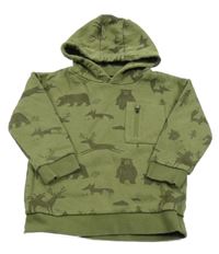 Khaki mikina so zvieratkami a vreckom a kapucňou C&A