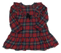 Červeno-tmavomodro/zelené kostkované šaty s mašlí a volánky Matalan