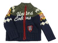 Tmavomodro-khaki vlněný propínací svetr s nápisy a vzorem Benetton