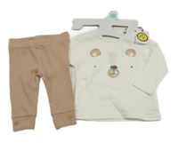 Nové - 2St - Smetanové triko s medvídkem + hnědé žebrované tepláky Tu