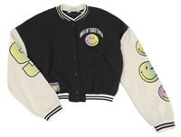 Tmavošedo-smotanová baseballová crop mikina so smajlíkmi a pruhmi H&M