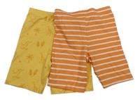 Nové - 2x - Kraťasy - Tmavožluté se zvířátky a palmami, oranžovo/bílé pruhované