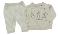 2Set - Svetlobéžový melírovaný sveter s králíčky - Peter Rabbit + béžovo/bílé pruhované úpletové tepláky morrisons