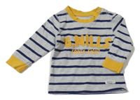 Šedo/melírovano-tmavomodro-okrové pruhované tričko s nápismi H&M