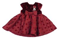 Vínové slávnostné šaty s Minnie a mašlou a bodkami Disney