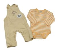 2set - Béžové rebrované na traké tepláky s autem + oranžovo-biele pruhované body