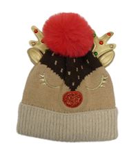 Hnědá pletená čepice s bambulí - sob Primark