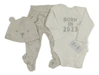 Nové - 3set - Biele body s nápisom a číslem + světlešedé melírované polodupky s nápisy + bavlnená čapica