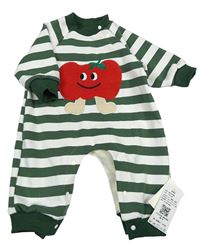 Nové - Khaki-bílý pruhovaný teplákový teplý overal s rajčetem