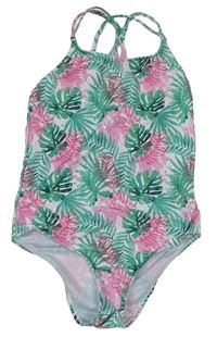 Zeleno-ružové kvetované jednodielne plavky Primark