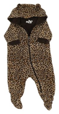 Hnedo-béžová zamatová leopardí podšitá kombinéza s kapucňou H&M