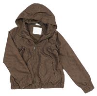 Hnědá puntíkatá šusťáková jarní bunda s kapucí 