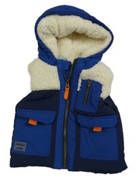 Tmavomodrá šusťáková zateplená vesta s kapucí 