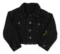 Čierna crop rifľová bunda s nápisem na zádech Shein