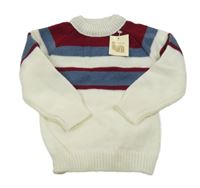 Nové - bielo-vínovo-modrý pruhovaný sveter