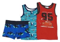 3 set - modré boxerky se žraloky + 2x nátělník - červený s Cars + modrý s parníky 