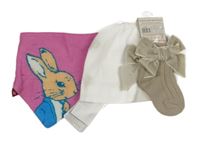 3 set - bílá čepice + růžový slinták s králíkem + béžové ponožky s mašlí 