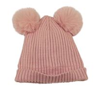 Růžová pletená podšitá čepice s bambulemi Topolino