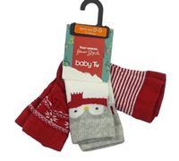 3x ponožky - červené vzorované + červeno-bílé pruhované + bílo-šedé so sovou