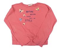 Lososové tričko s nápisom a motýly OVS