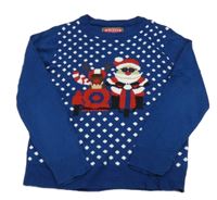 Tmavomodrý bodkovaná ý sveter so sobom a Santou