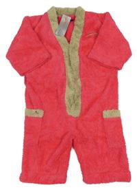 Nové - Neónově ružovo-béžový plyšový kraťasový overal