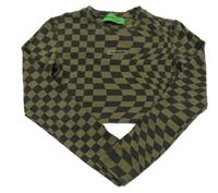 Kaki-čierne kockované crop tričko s nápisom