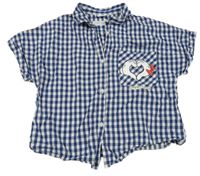Tmavomodro-biela kockovaná crop blúzka s Mickeym a Plutem Zara
