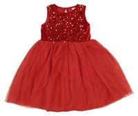 Červené sametovo/tylové šaty s flitry 