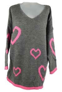 Dámský šedo-růžový srdíčkovaný dlouhý svetr 
