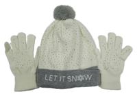 2set - Dámská bílo-šedá čepice + rukavice s nápisem a kamínky 