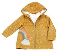 Medová bodkovaná á nepromokavá jarná bunda s dúhou a obláčikmi  a kapucňou F&F