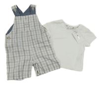 Nové - 2 set - bílé tričko + fialovo-bílo-šedé kostkované laclové kraťasy Jasper Conran 