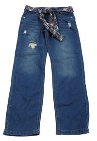 Tmavomodré straight fit rifle s vyšúchaním a stuhou v pase Walllflower girl