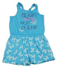 Modrý kraťasový overal s nápisom a obrázkami NKD