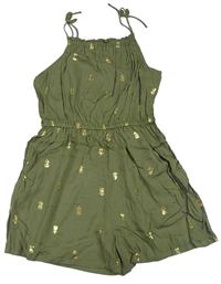 Khaki ľahký kraťasový overal s ananásmi zn. H&M