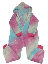 Barevná duhová chlupatá kombinéza s hvězdami a kapucí