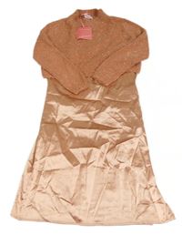 Nové - 2set- růžový třpytivý chlupatý svetr + růžové saténové šaty Lulurain