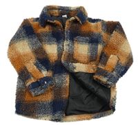 Tmavomodro-oranžovo-béžová kostkovaná huňatá podšitá bunda TU