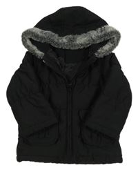 Čierna prešívaná šušťáková zimná bunda s kapucňou s kožešinou Mothercare