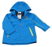 Modrá šusťáková jarní bunda s autem a kapucí 