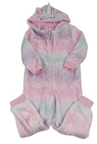 Svetloružová -belasá plyšová kombinéza s kapucí - jednorožec George