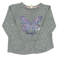 Sivý melírovaný sveter s motýlkem z flitrů Yd.