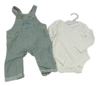 Nové - 2set - Zelenošedé menšestrové na traké kalhoty + biele body s bodkami F&F