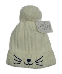 Nové - Smetanová pletená žebrovaná podšitá čepice s kočkou 