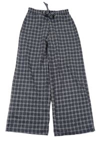Tmavomodro-smotanové kockované culottes nohavice