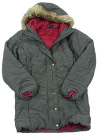 Tmavosivý šušťákový zimný kabát s logom a kapucňou s kožešinou Bench.