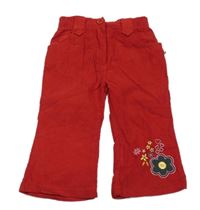 Červené wide leg manšestráky s kvetmi a srdiečkami